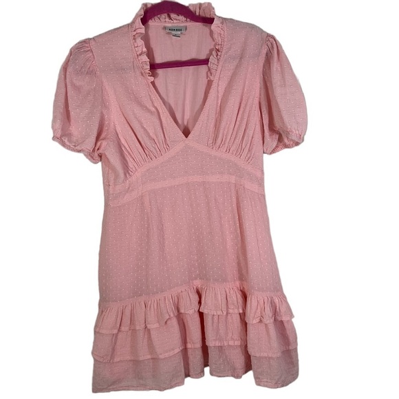 NEON Rose Ruffle V-Neck Pink Fit and Flair Dress with Swiss Dots & Ruffle Hem L - Picture 8 of 14